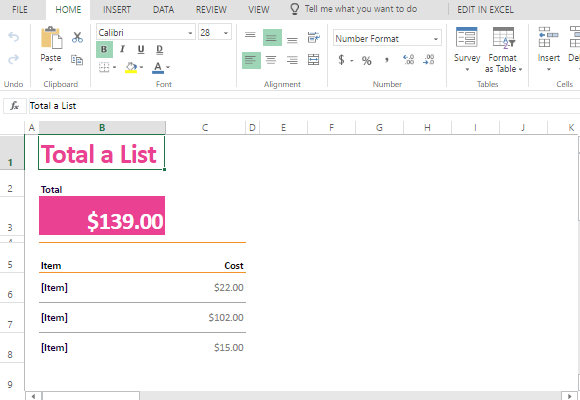 รายการช้อปปิ้งแม่แบบคำนวณค่าใช้จ่ายสำหรับ Excel ออนไลน์