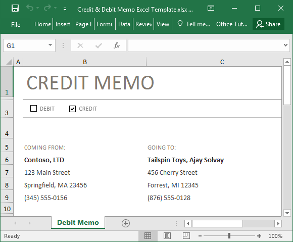 Crédit et de débit Memo Excel Template