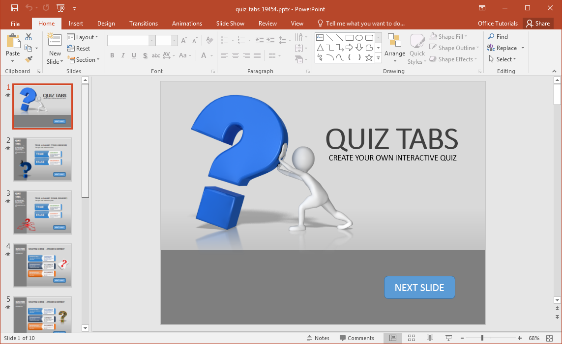 Criar um Quiz em PowerPoint Com o modelo de PowerPoint Tabs Questionário