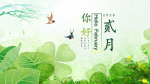 Daun tanaman hijau segar dan latar belakang burung layang-layang Halo template PPT Februari