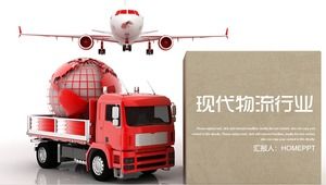 Template PPT logistik modern dengan latar belakang pesawat dan truk