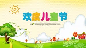 Children's Day PPT template of cartoon nature landscape background