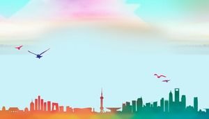 Tiga gambar latar belakang PPT siluet kota berwarna-warni segar