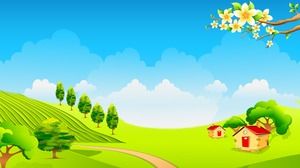 Four cartoon blue sky and white cloud grass PPT background pictures