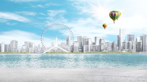 Imagem de fundo PPT de balão de ar quente urbano roda gigante