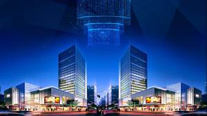 青い商業ビルのレンダリングのPPT背景画像