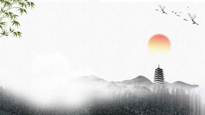 Immagine di sfondo PPT di bambù classico con montagne di pittura a inchiostro alta torre