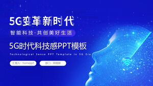 Modèle PPT de thème de l'ère 5G avec fond d'expression de personnage virtuel bleu