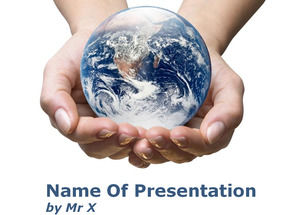 地球行星的双手手掌的PowerPoint模板