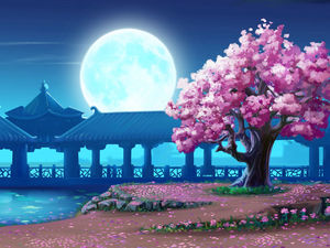 Round moon and bloom cherry PPT background picture