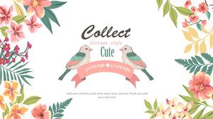 Small fresh retro European birds and flowers PPT template