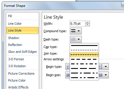 Verfügbare Linientypen in Microsoft Powerpoint