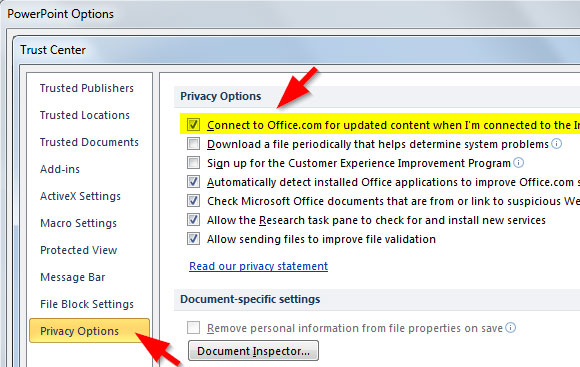 opções de privacidade powerpoint