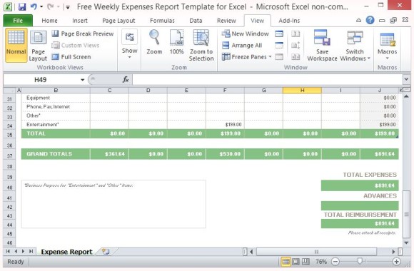 Expense Report Template Auto-Calcola i totali settimanali e Gran Totale