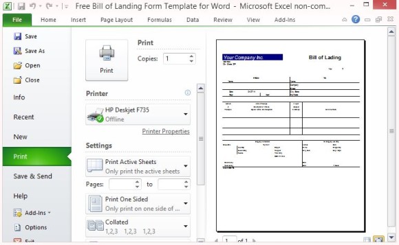 Bill of Lading Printable Form
