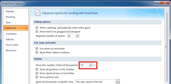 Очистить историю последних файлов в PowerPoint 2007