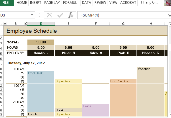 Расписание сотрудников и Ежечасно Increment Шаблон для Excel
