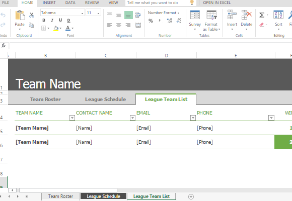 Sport Roster și programul de șablon pentru Excel
