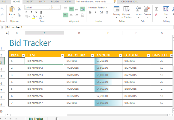 Bid Modello Tracker per Excel