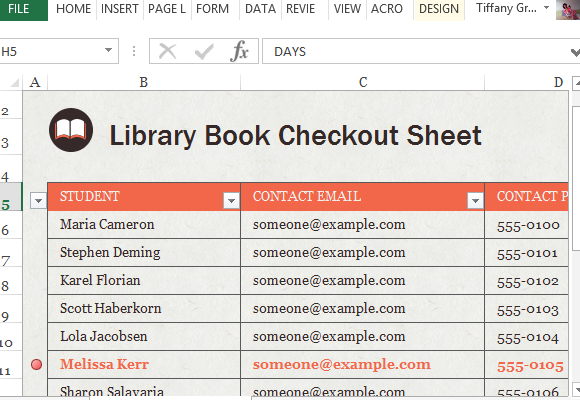 Book Library Check Out Sheet per Excel