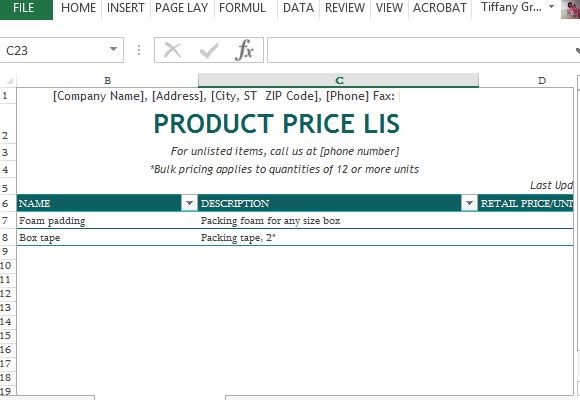 Excel用の製品価格一覧テンプレート