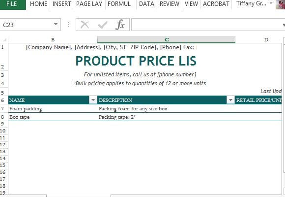 產品價格表模板對於Excel