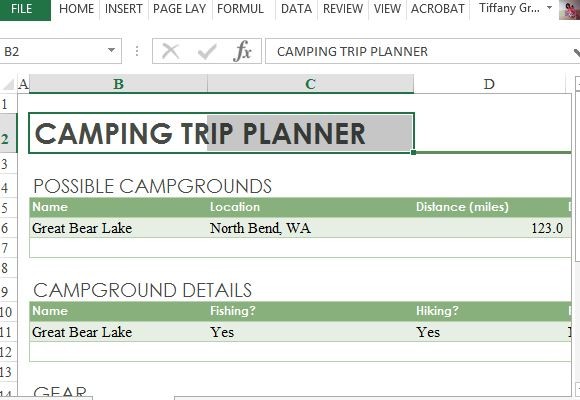 Кемпинг Планировщик поездки для Excel