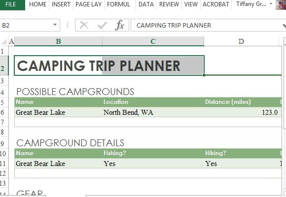 野營旅行計劃對於Excel