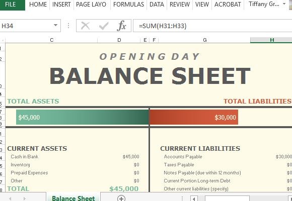 開幕日的資產負債表對於Excel