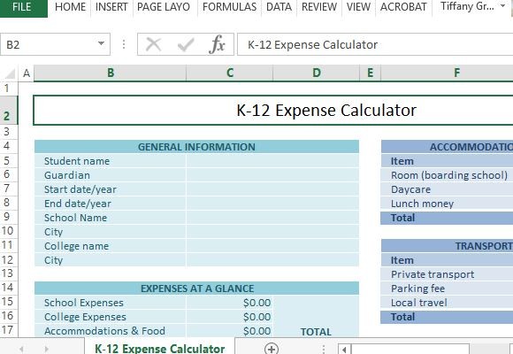 費用計算器 - 模板在Excel中換K-12學校