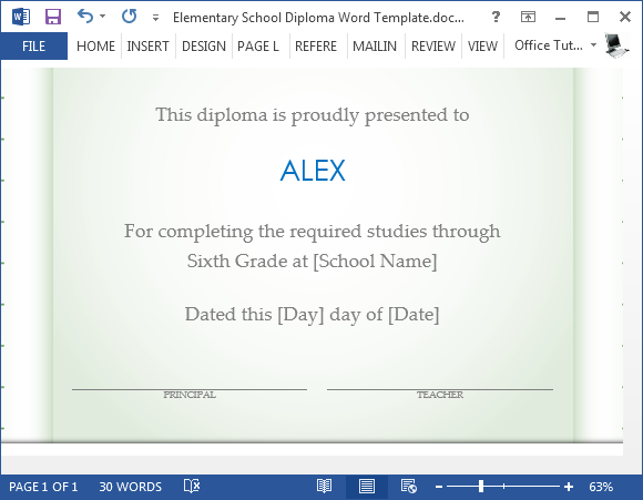 École élémentaire gratuite diplôme modèle pour Word
