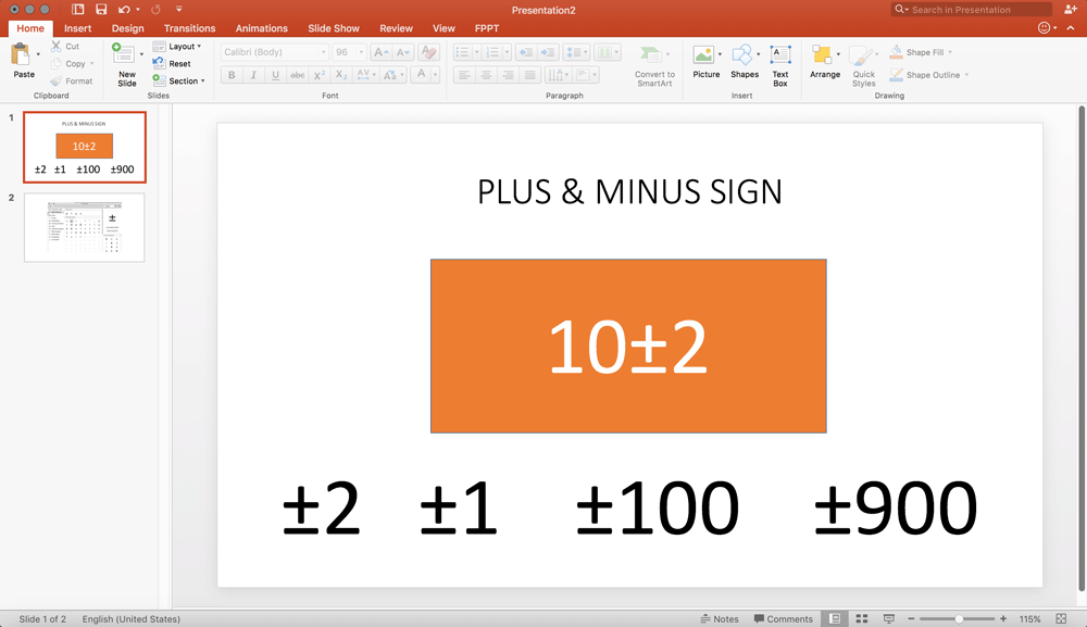 Como inserir um caractere plus minus em PowerPoint