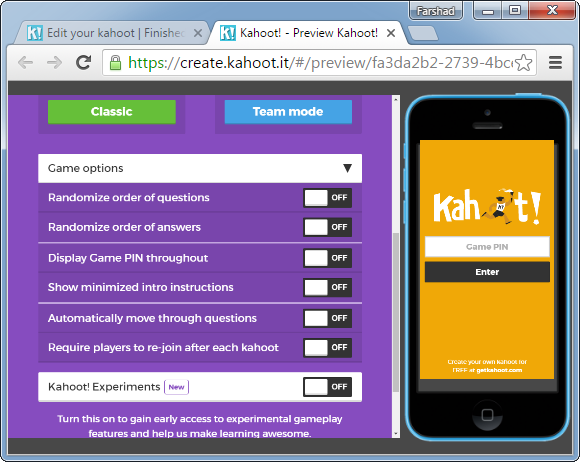 Mengkonfigurasi pengaturan kahoot