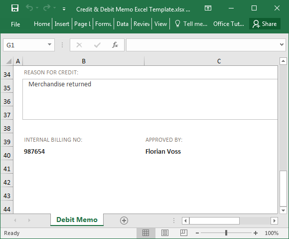 Nota de débito plantilla de Excel