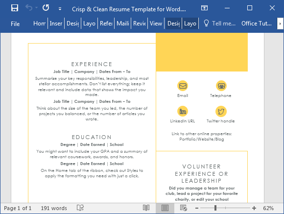استئناف قالب ل Microsoft Word 2016