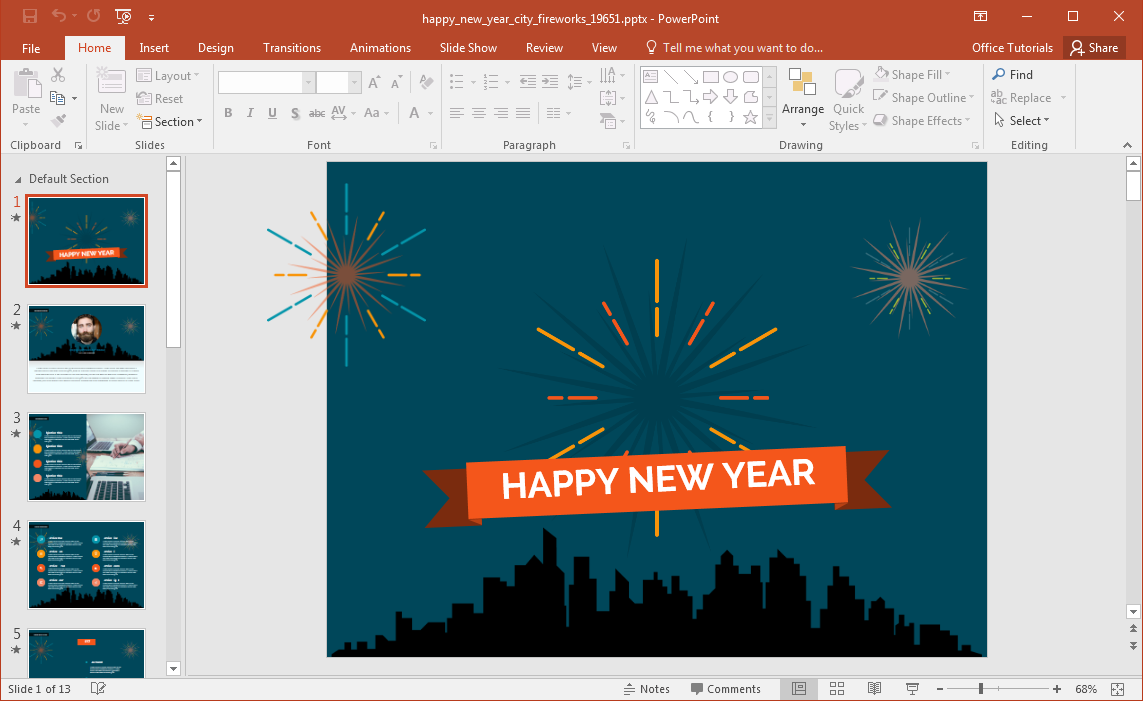 Template Animated Happy New Year Città Fireworks PowerPoint