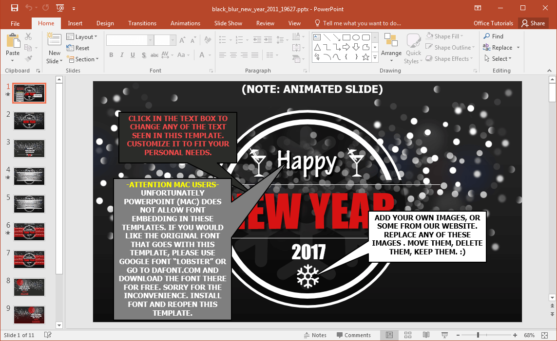 Template PowerPoint animato nero Blur di Capodanno