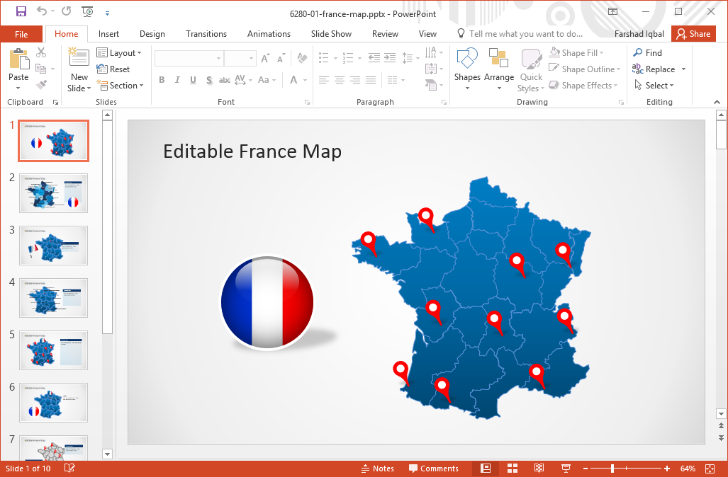 ที่สามารถแก้ไขได้แผนที่ของฝรั่งเศสสำหรับ PowerPoint