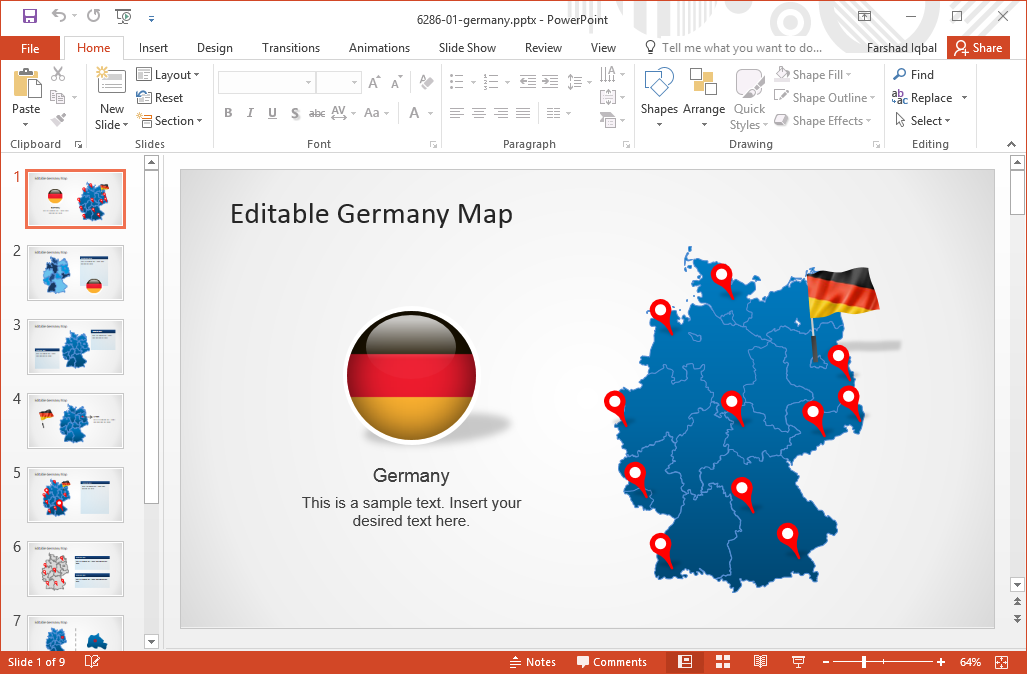 ที่สามารถแก้ไขได้แผนที่ของเยอรมนีสำหรับ PowerPoint