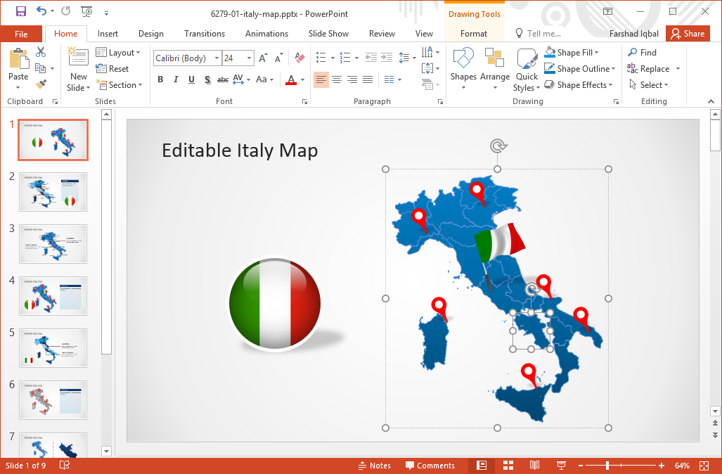ที่สามารถแก้ไขได้แผนที่ของอิตาลีสำหรับ PowerPoint