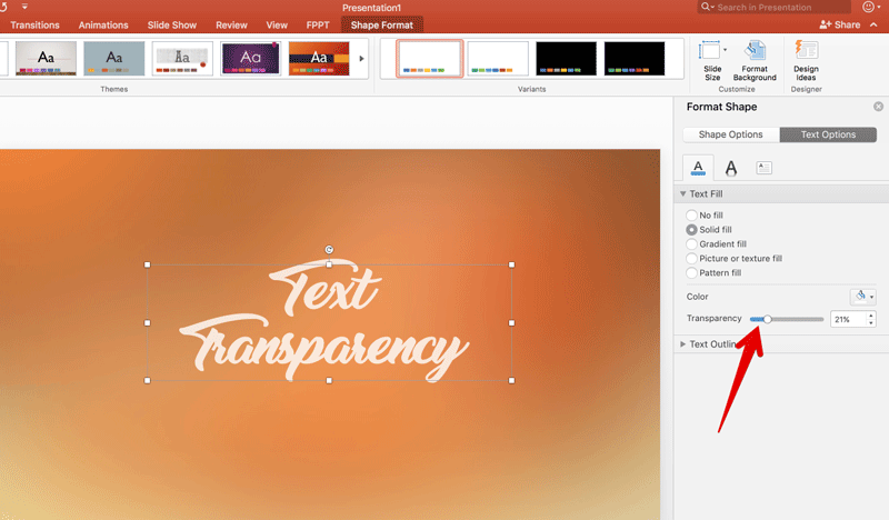 Terapkan transparansi untuk teks dalam PowerPoint