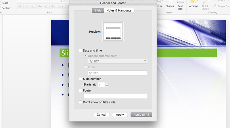 خيارات رقم الشريحة في PowerPoint لنظام التشغيل Mac