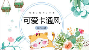 PPT-Vorlage mit niedlichem Cartoon-Katzen- und Blumenhintergrund