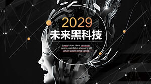 女性機器人背景的黑色未來科技PPT模板