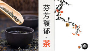 Modello PPT di tema di arte del tè di fiori e uccelli dell'acquerello e sfondo del tè