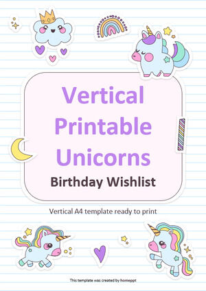 縦に印刷できるユニコーンの誕生日ウィッシュリスト