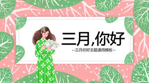 Albero dipinto a mano rosa verde e sfondo ragazza Ciao marzo Download del modello PPT