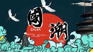 Download the China-Chic Wind PPT template with the red sun and tide background of the crane