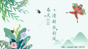 Spring themed PPT template with green watercolor plants and kite backgrounds