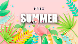 Template PPT bertema musim panas dengan daun kartun dan latar belakang flamingo